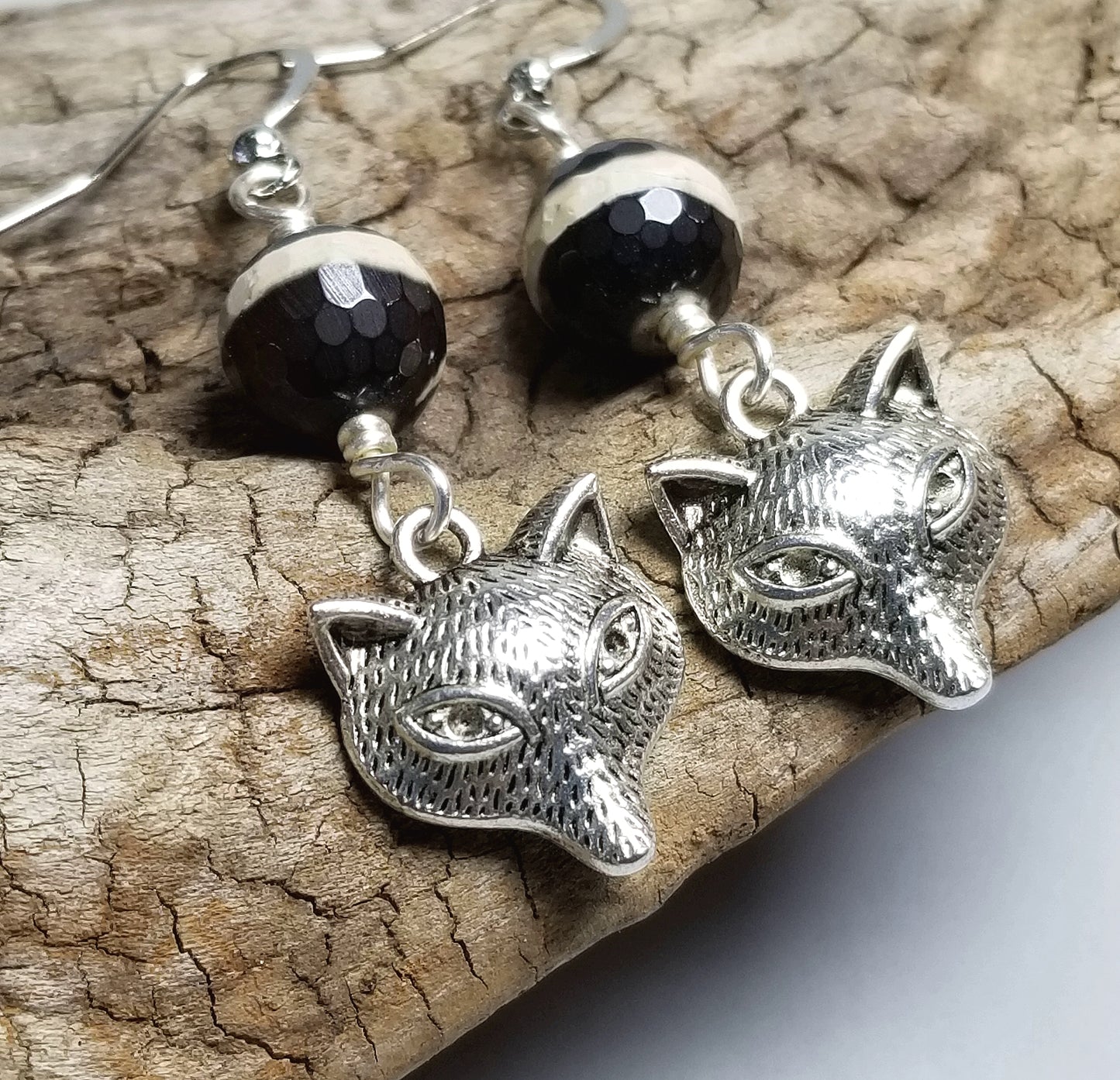 Banded Agate Silver Fox Earrings, Gift Idea