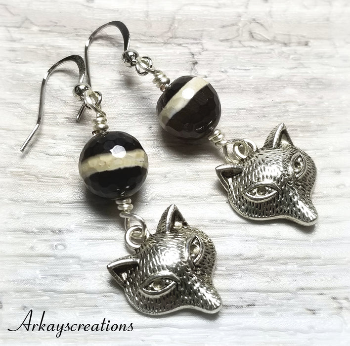 Banded Agate Silver Fox Earrings, Gift Idea - Arkayscreations