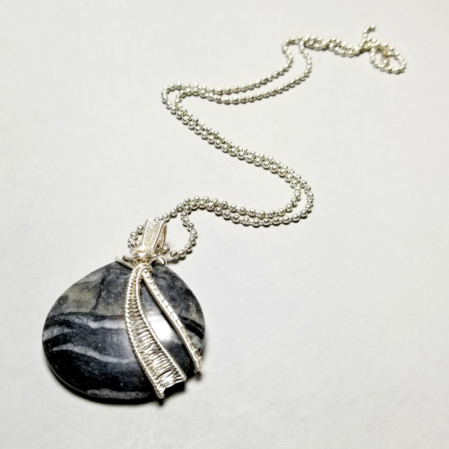 Black Marble Necklace, Wire Wrapped Pendant Silver