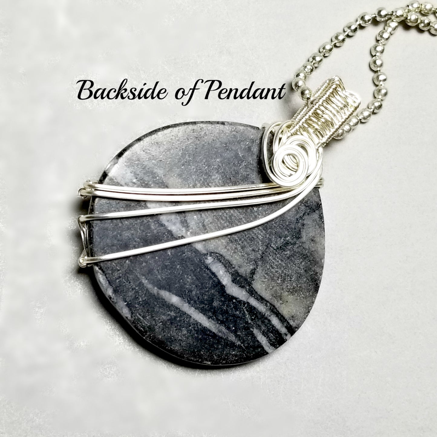 Black Marble Necklace, Wire Wrapped Pendant Silver