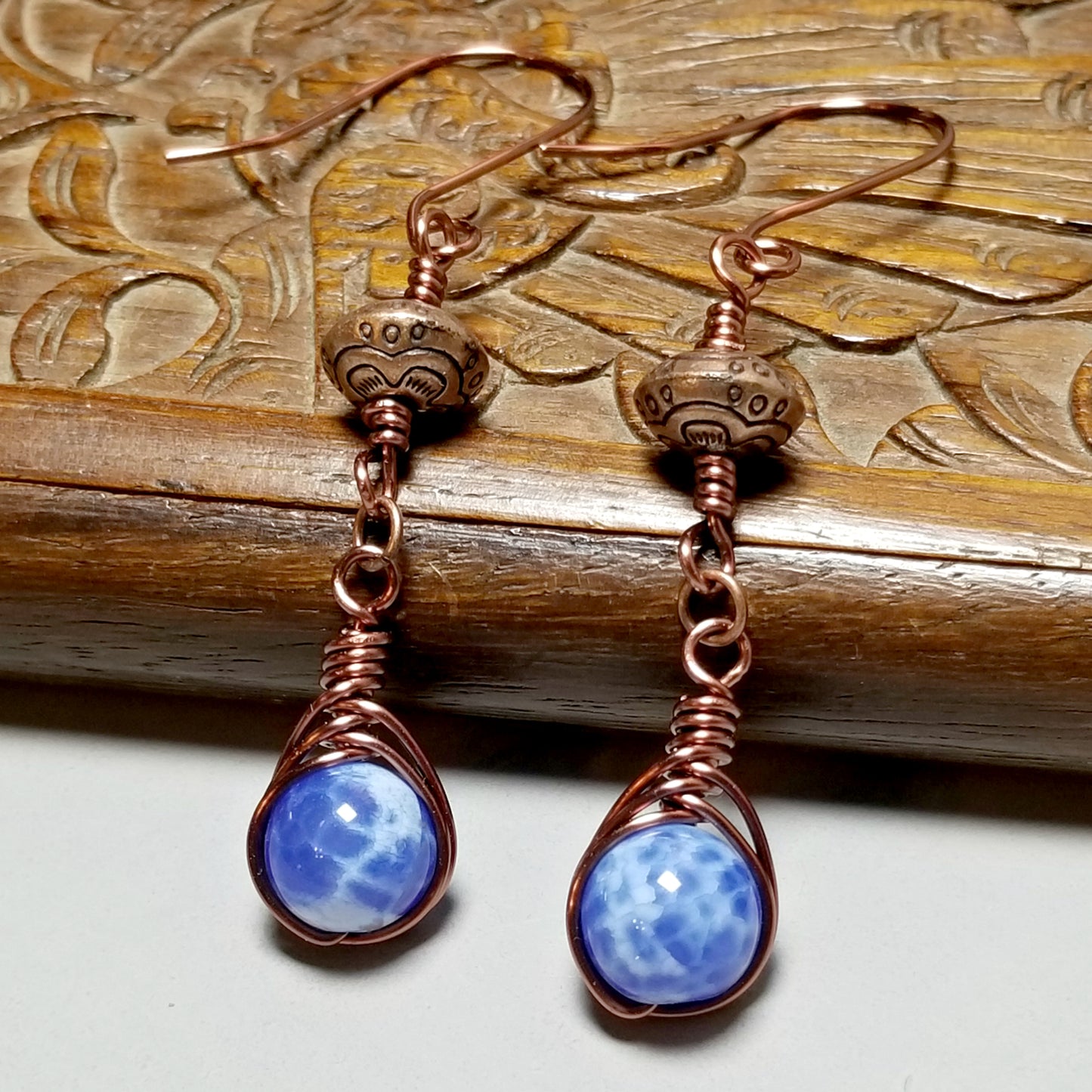 Blue Agate Earrings, Copper Wire Jewelry