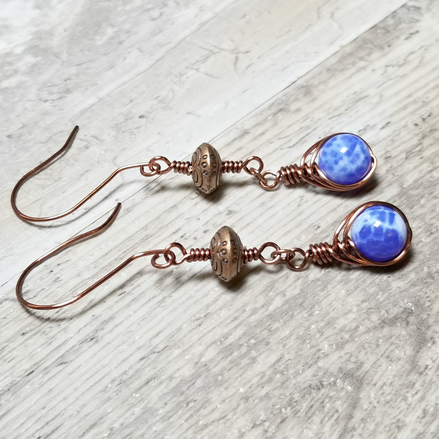 Blue Agate Earrings, Copper Wire Jewelry