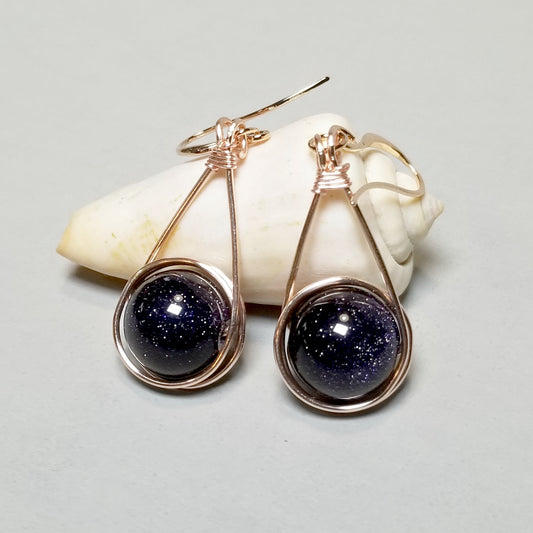 Blue Goldstone Galaxy Earrings, Navy Blue Jewelry, Rose Gold Glitter Earrings