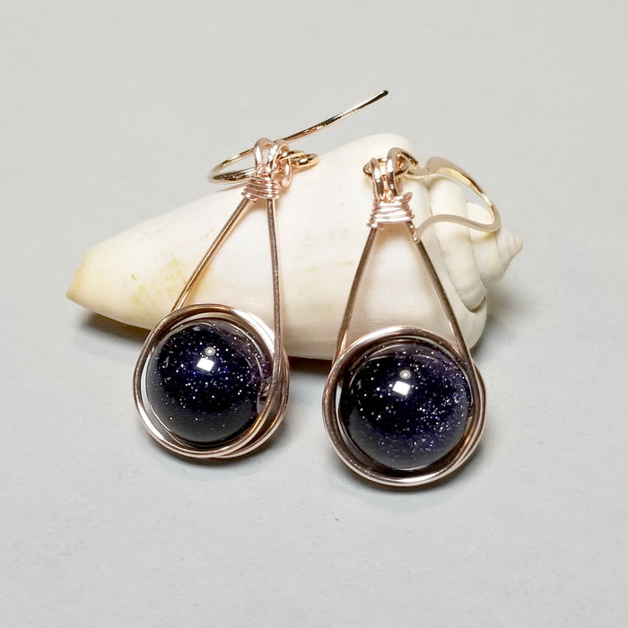 Blue Goldstone Galaxy Earrings, Navy Blue Jewelry, Rose Gold Glitter Earrings - Arkayscreations