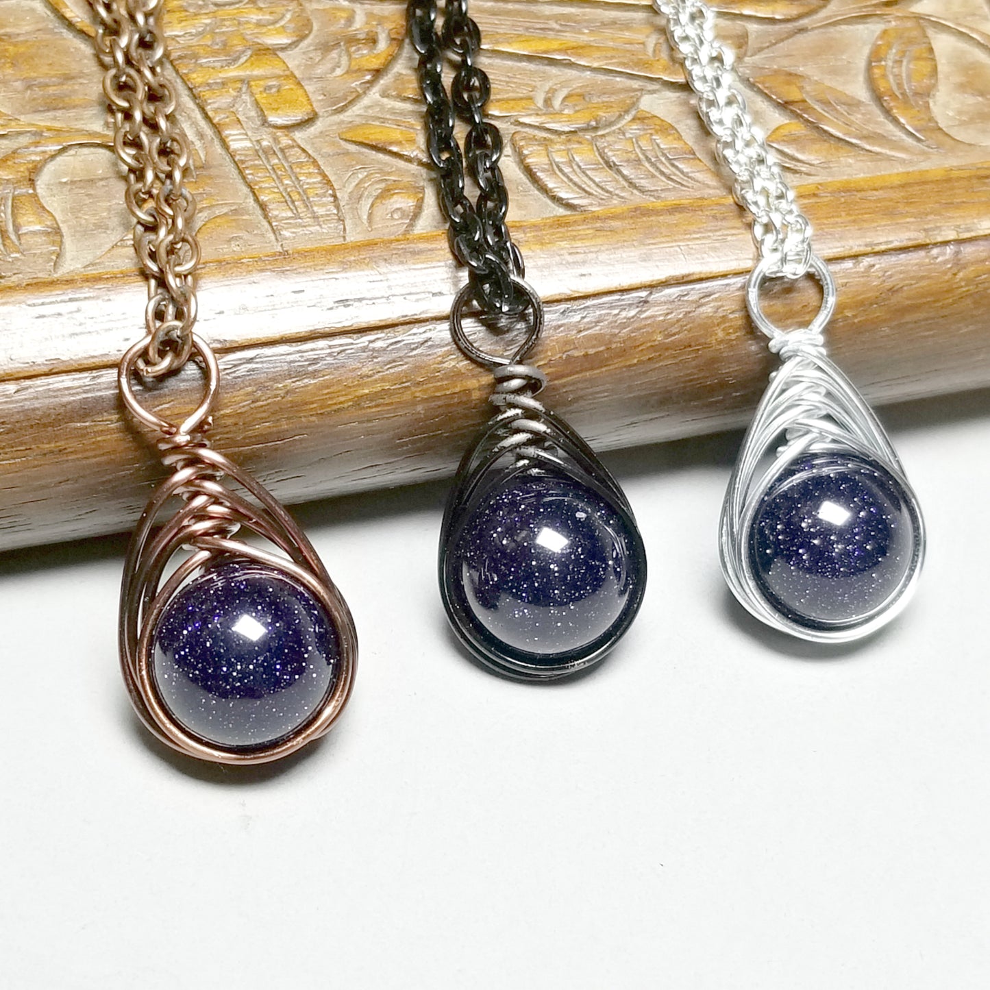 Blue Goldstone Necklace, Artisan Herringbone Jewelry