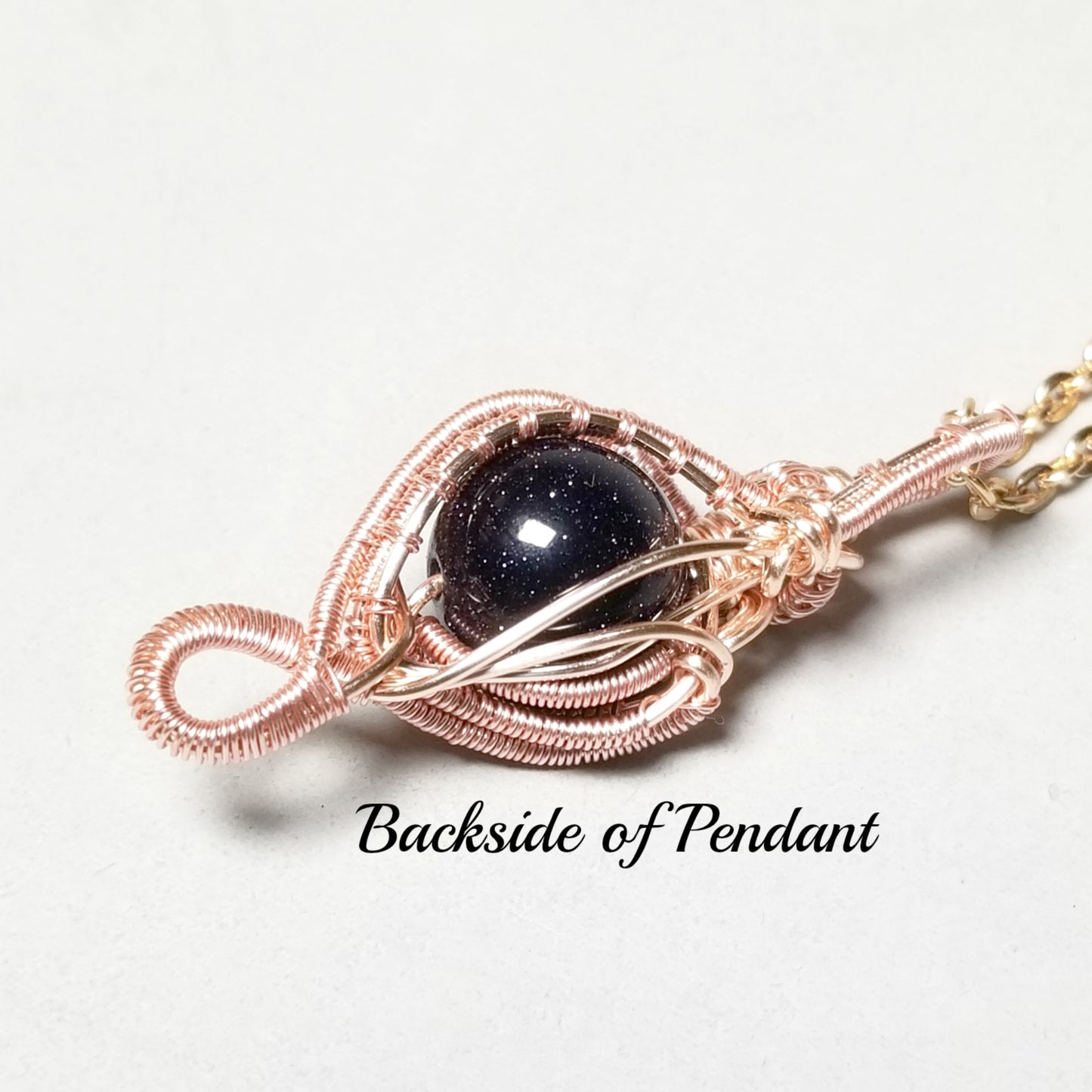 Blue Goldstone Rose Gold Necklace, Wire Weave Jewelry