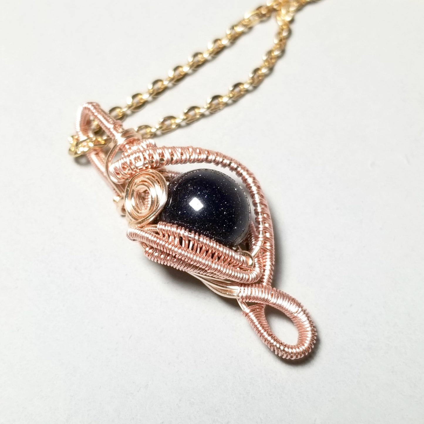 Blue Goldstone Rose Gold Necklace, Wire Weave Jewelry