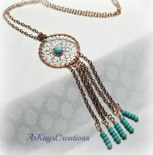 Boho Dreamcatcher Pendant Necklace, Wire Wrapped