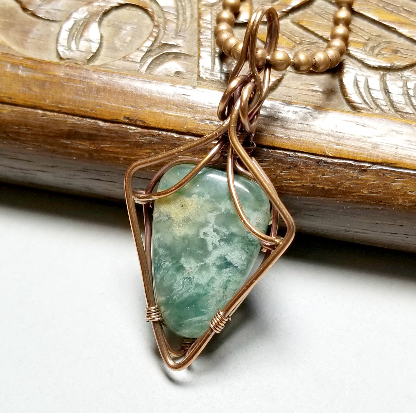 Chrysocolla Stone Necklace, Wire Wrapped Pendant, Green Gemstone Jewelry