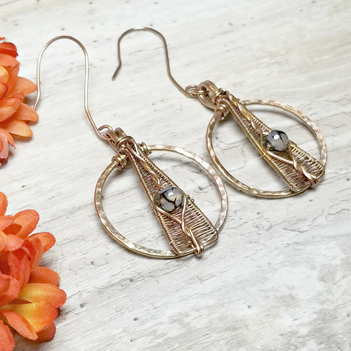 Copper Wire Wrapped Earrings with Dragon Vein, Agate Jewelry - Arkayscreations