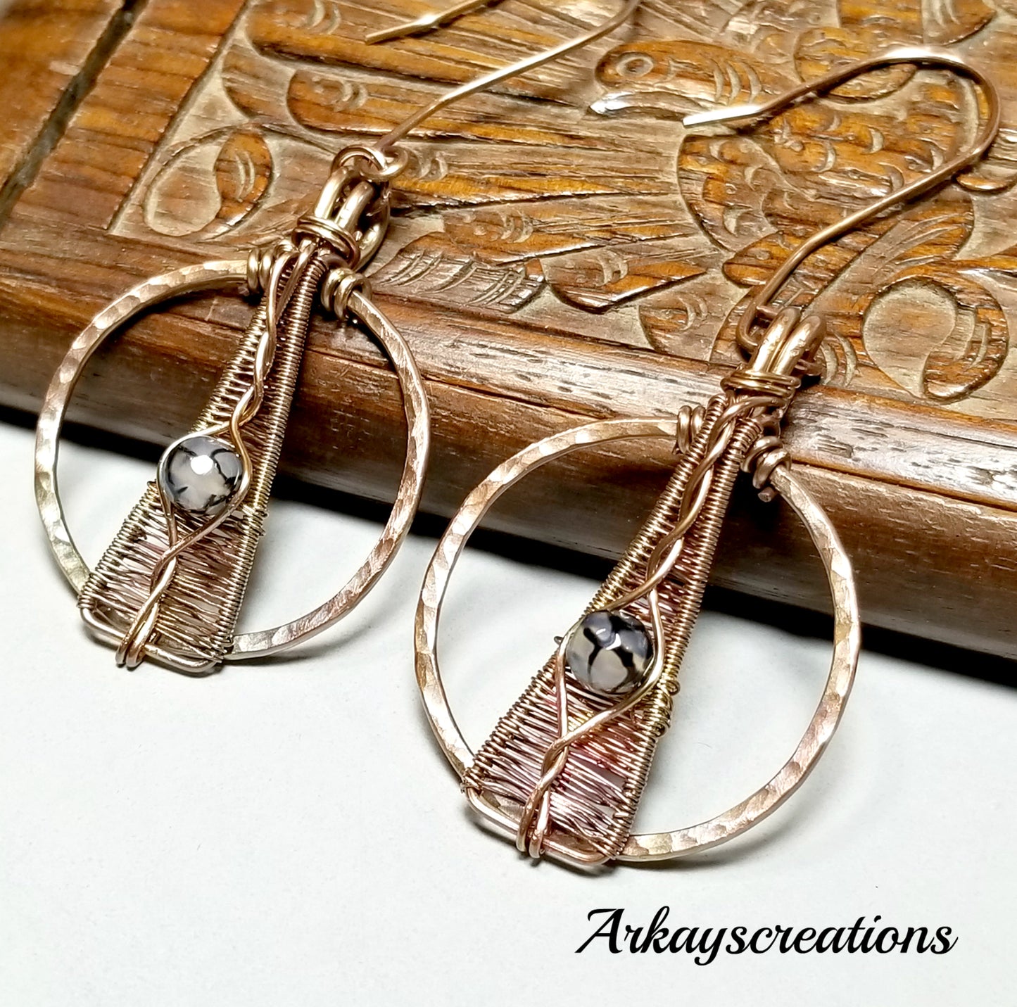 Copper Wire Wrapped Earrings with Dragon Vein, Agate Jewelry