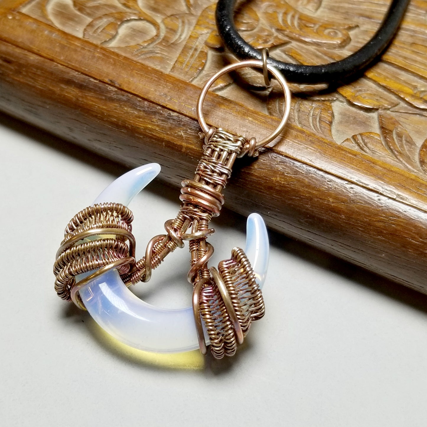 Double Horn Necklace, Wire Wrapped Opalite Moon Pendant