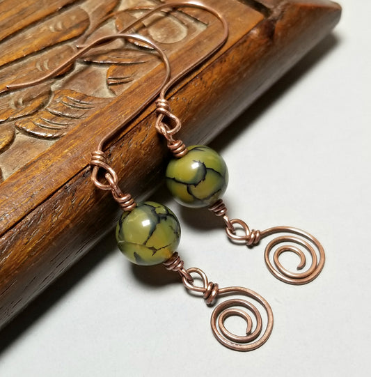 Dragon Agate Earrings, Green Gemstone Jewelry, Copper Wire Earrings