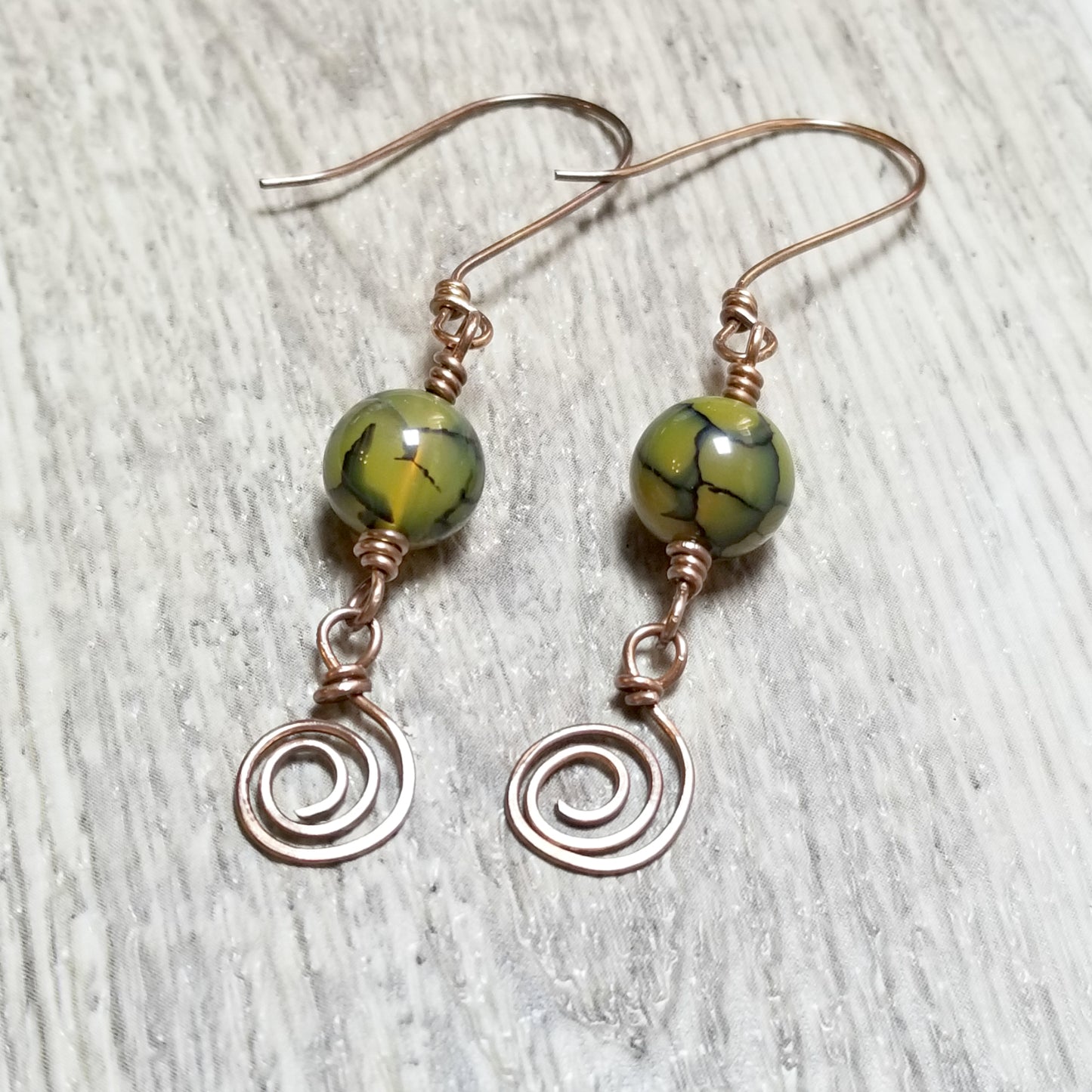 Dragon Agate Earrings, Green Gemstone Jewelry, Copper Wire Earrings