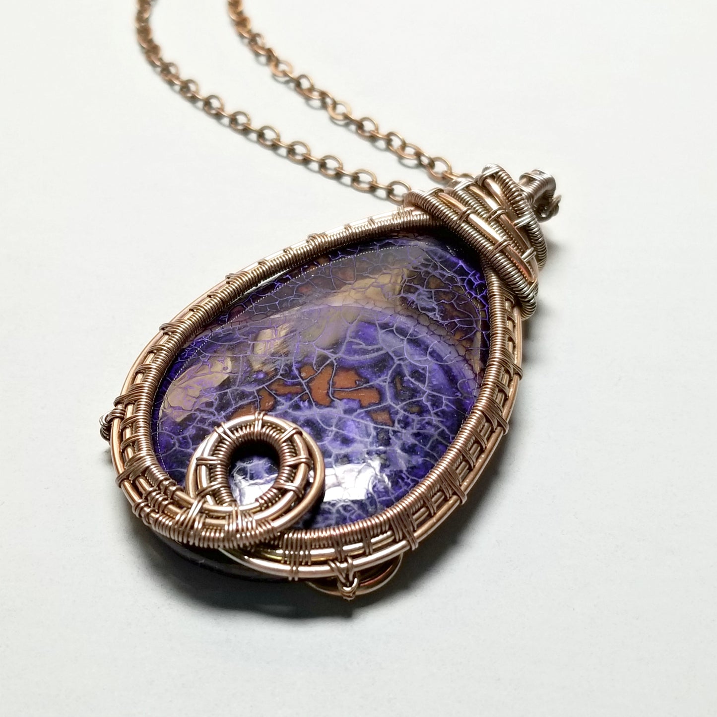 Dragon Vein Agate Purple Pendant Necklace, Wire Wrapped Gemstone Jewelry