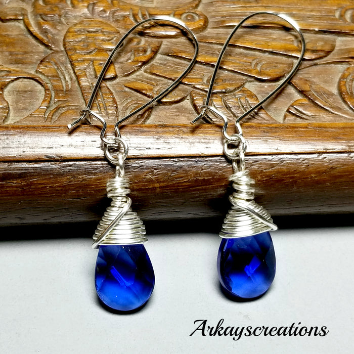 Earrings Sapphire Blue Glass, Wire Wrapped Cobalt Blue Jewelry - Arkayscreations