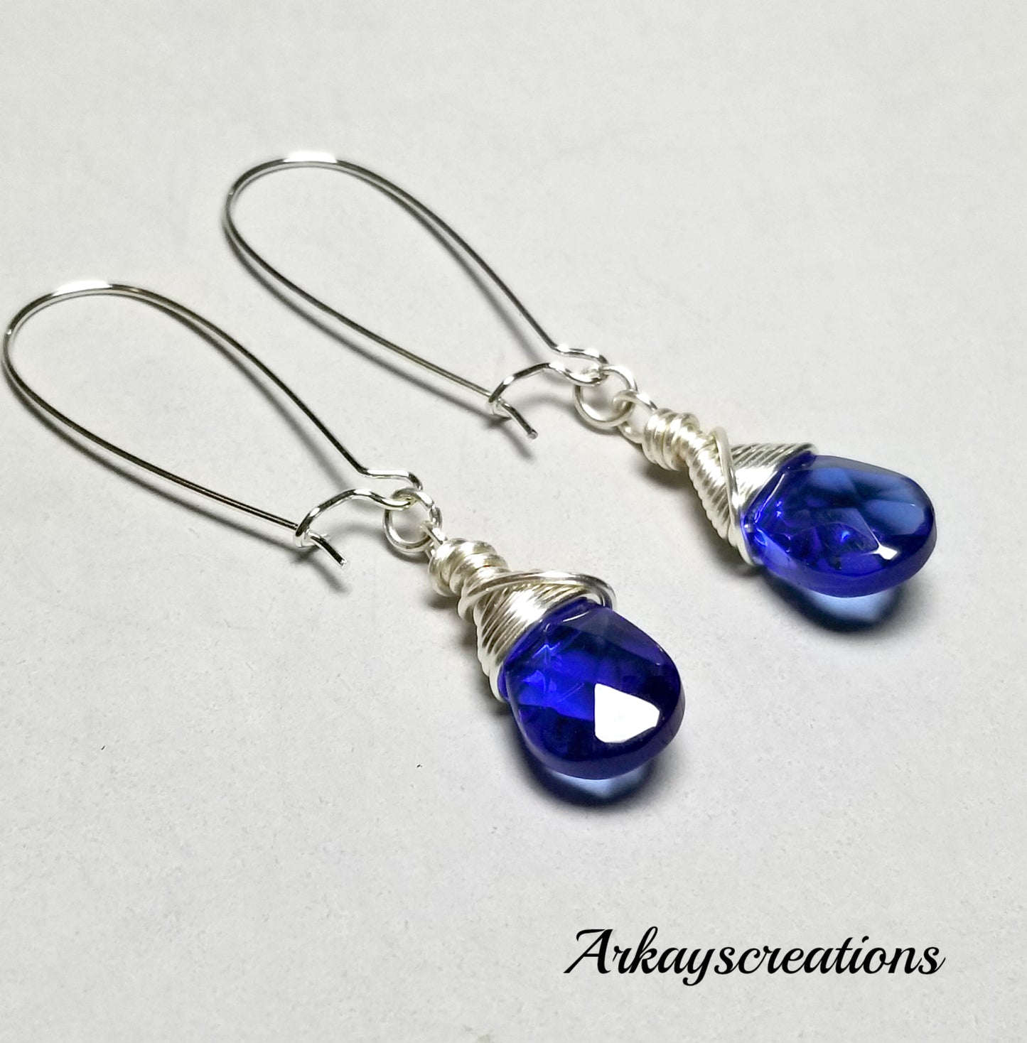 Earrings Sapphire Blue Glass, Wire Wrapped Cobalt Blue Jewelry