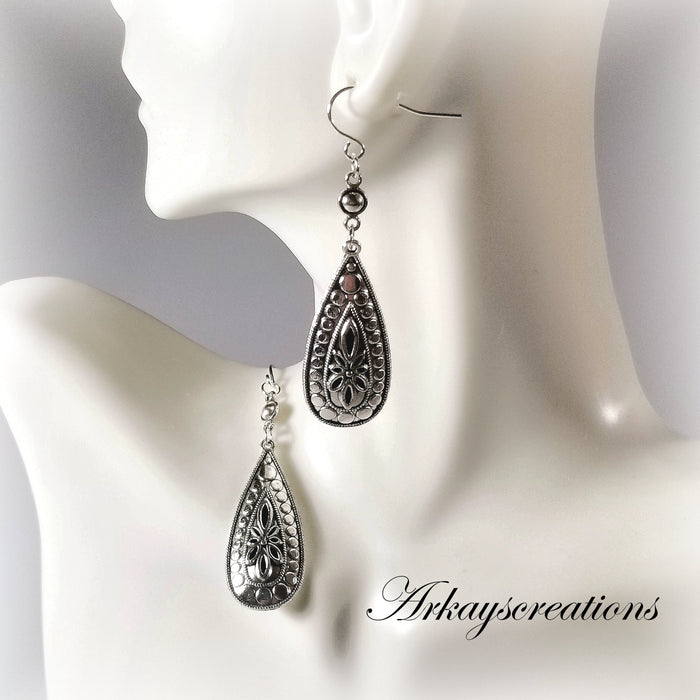 Embossed Silver Teardrop Earrings, Dangling Earrings - Arkayscreations