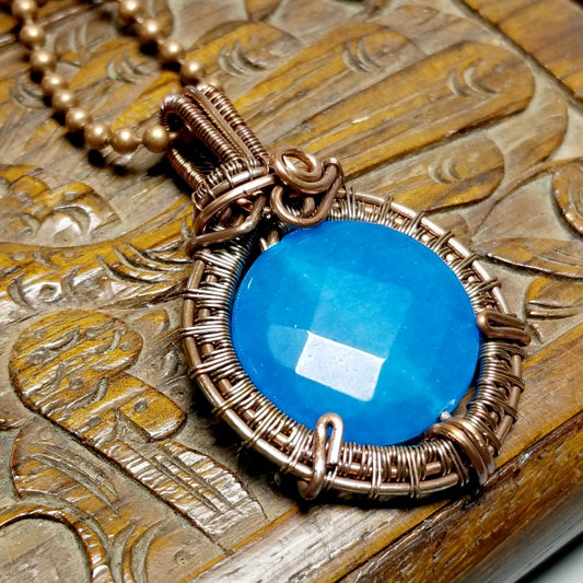 Faceted Blue Agate Necklace, Wire Wrapped Pendant, Copper