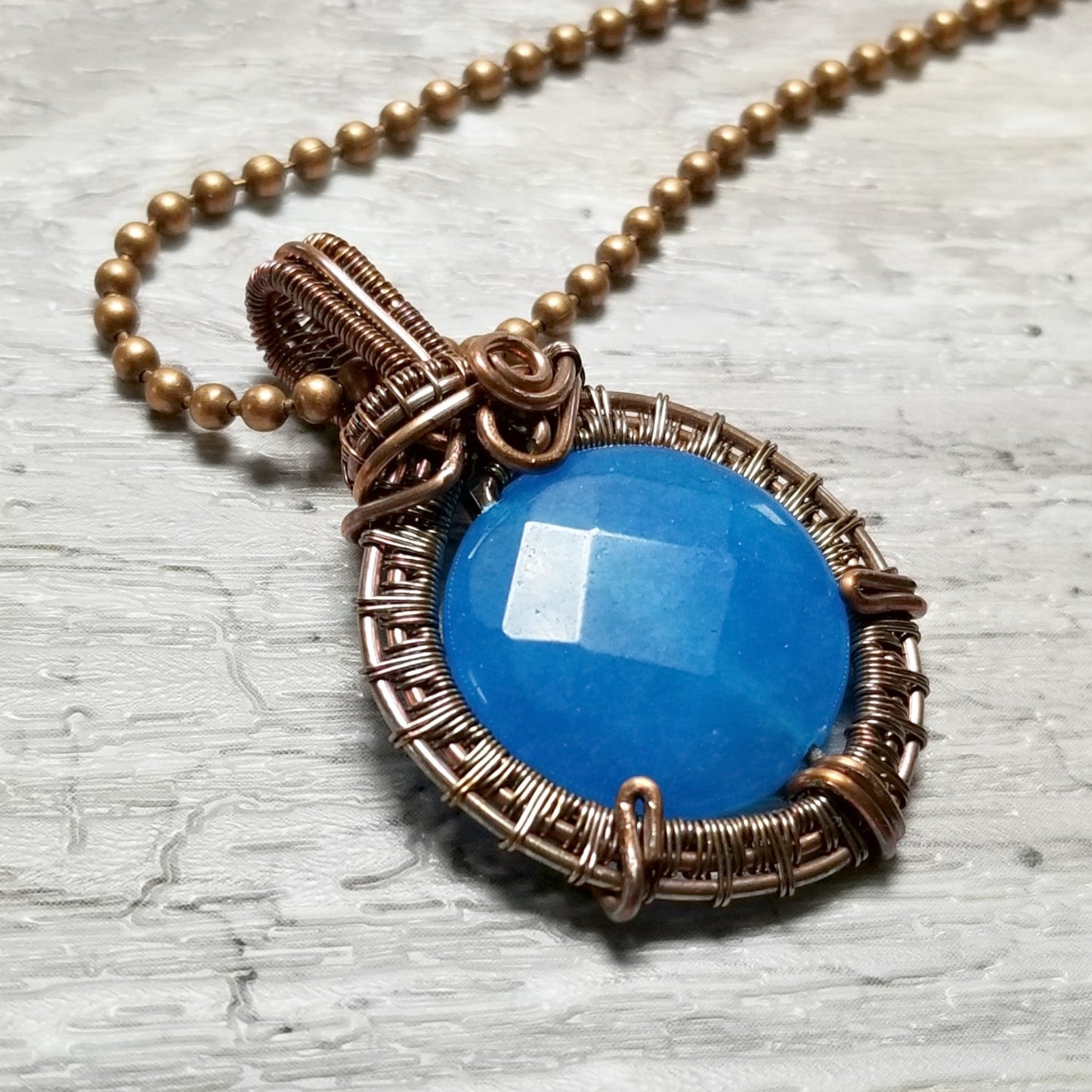 Faceted Blue Agate Necklace, Wire Wrapped Pendant, Copper