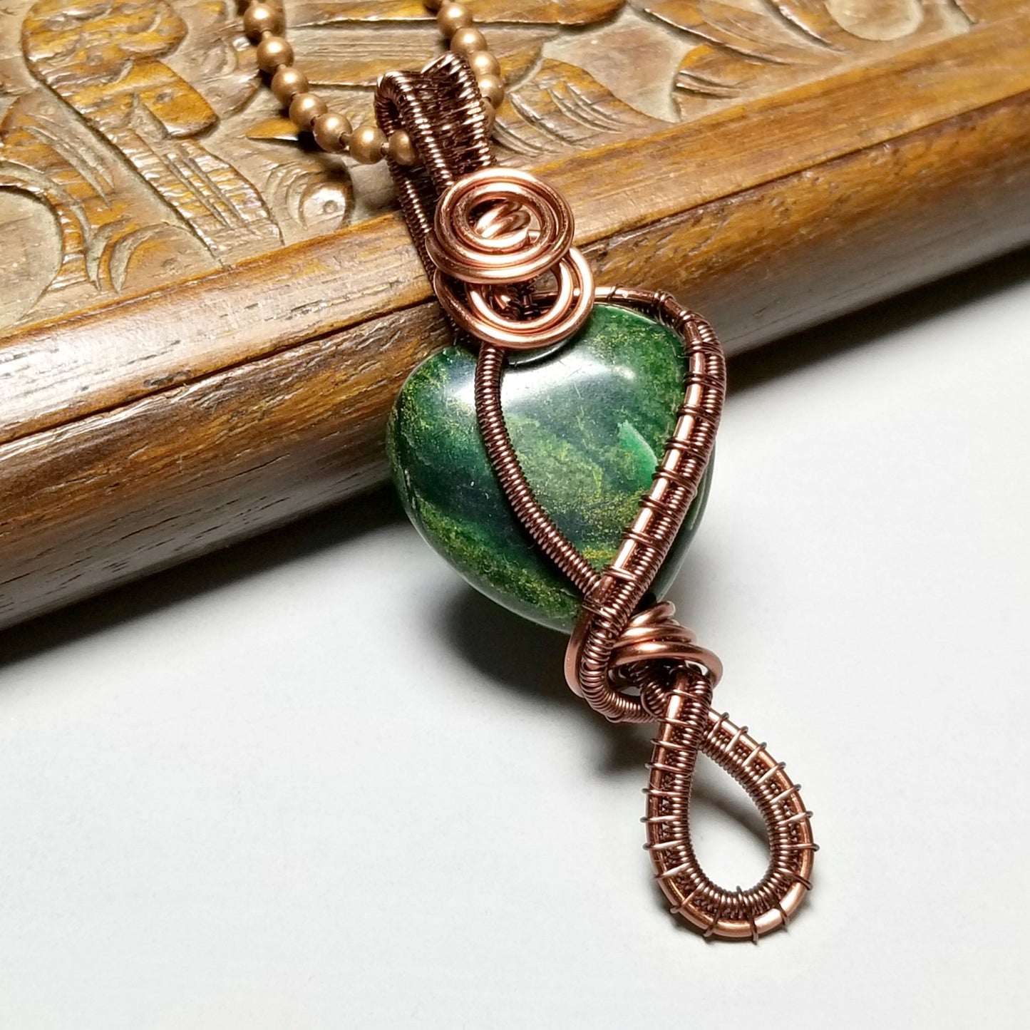 Green Stone Pendant, Wire Weave Necklace, Heart Jewelry