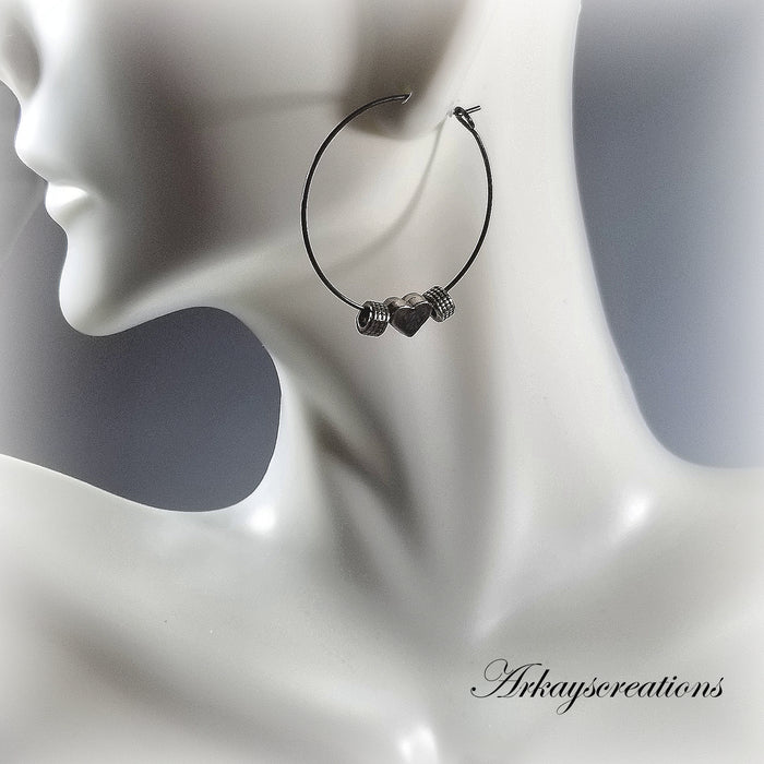Heart Hoop Earrings, Black Gunmetal Jewelry for Women, Lightweight Hoops
