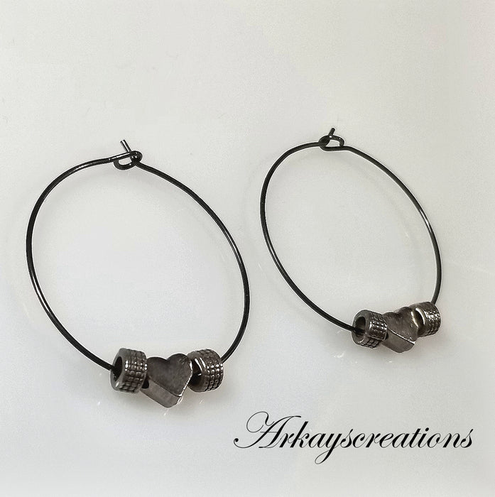 Heart Hoop Earrings, Black Gunmetal Jewelry for Women, Lightweight Hoops