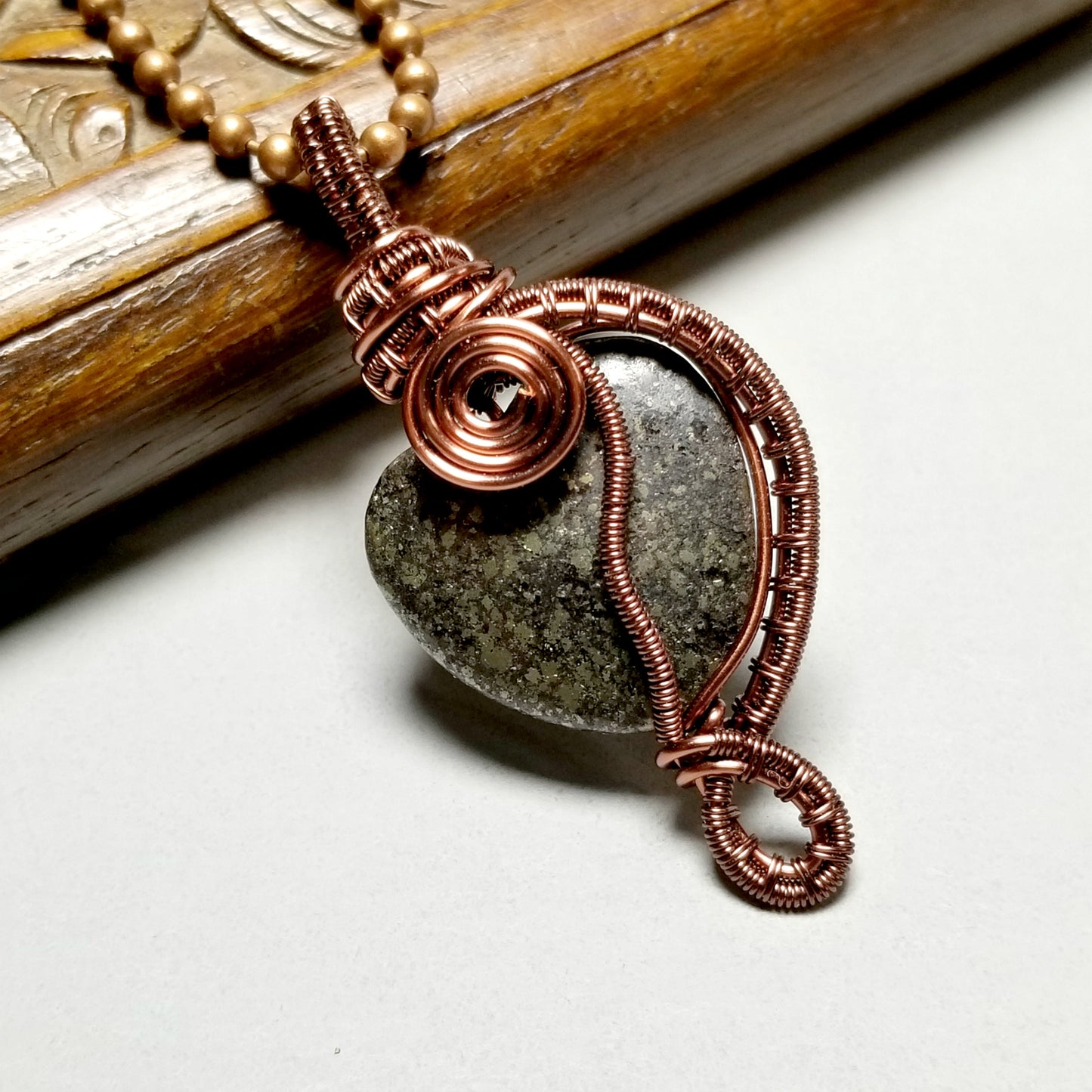 Wire Weave Heart Pyrite Pendant, Gray Stone Necklace