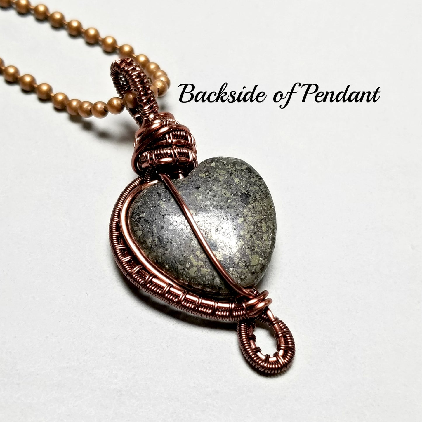 Wire Weave Heart Pyrite Pendant, Gray Stone Necklace