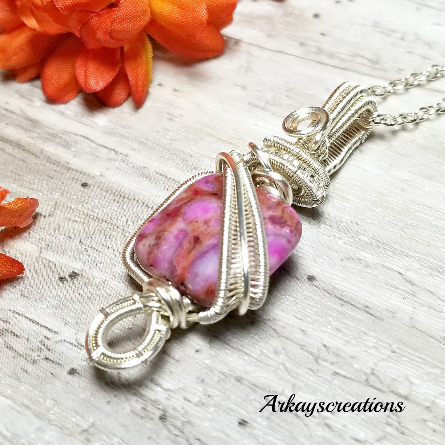 Hot Pink Pendant, Wire Wrapped Pink Rhodochrosite Gemstone Necklace