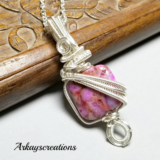 Hot Pink Pendant, Wire Wrapped Pink Rhodochrosite Gemstone Necklace
