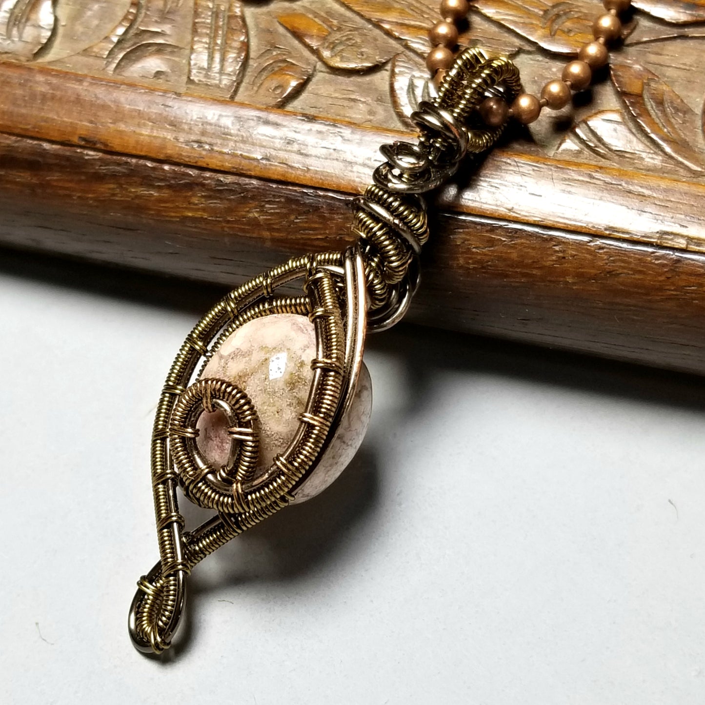 Jasper Necklace, Wire Wrapped Pink Stone Pendant