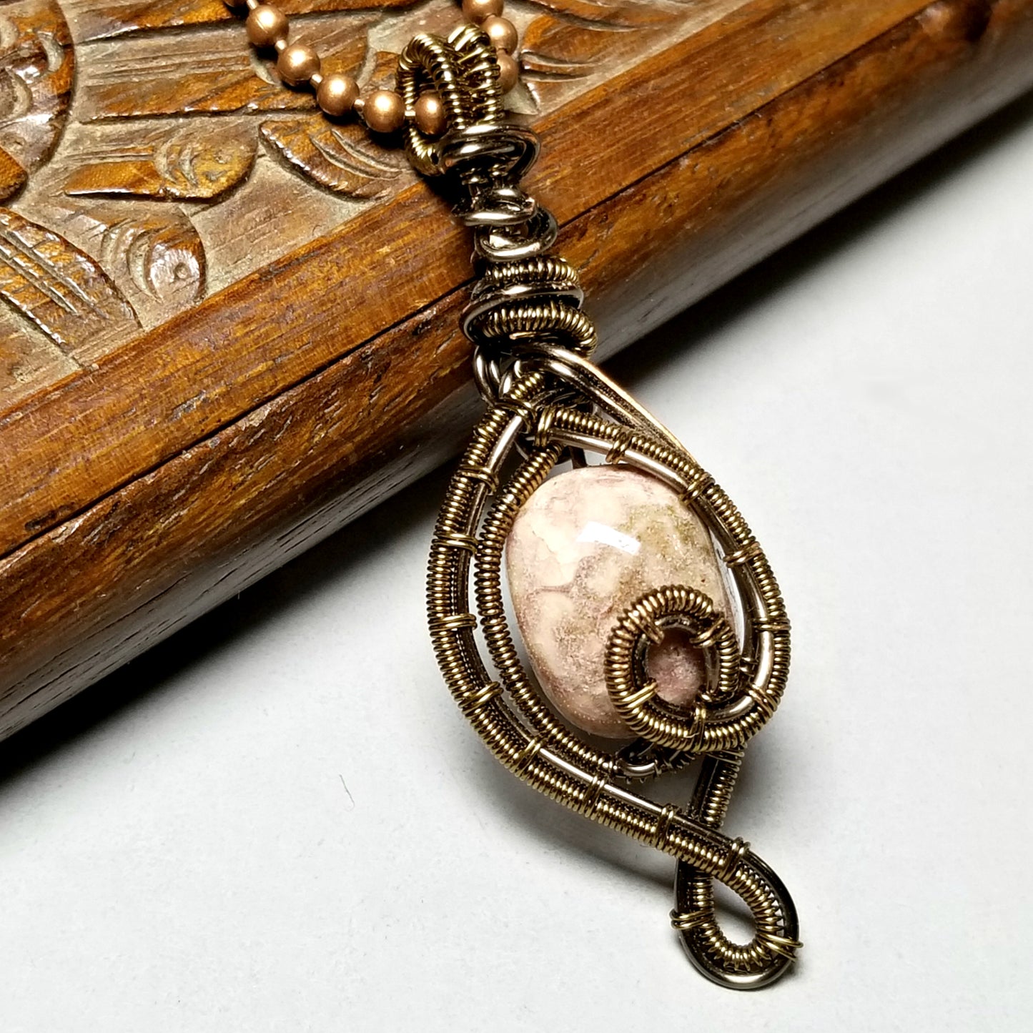 Jasper Necklace, Wire Wrapped Pink Stone Pendant