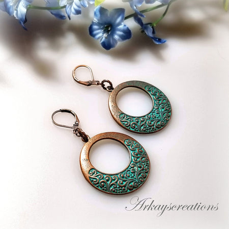Lever Back Green Patina Copper Scroll Earrings - Arkayscreations