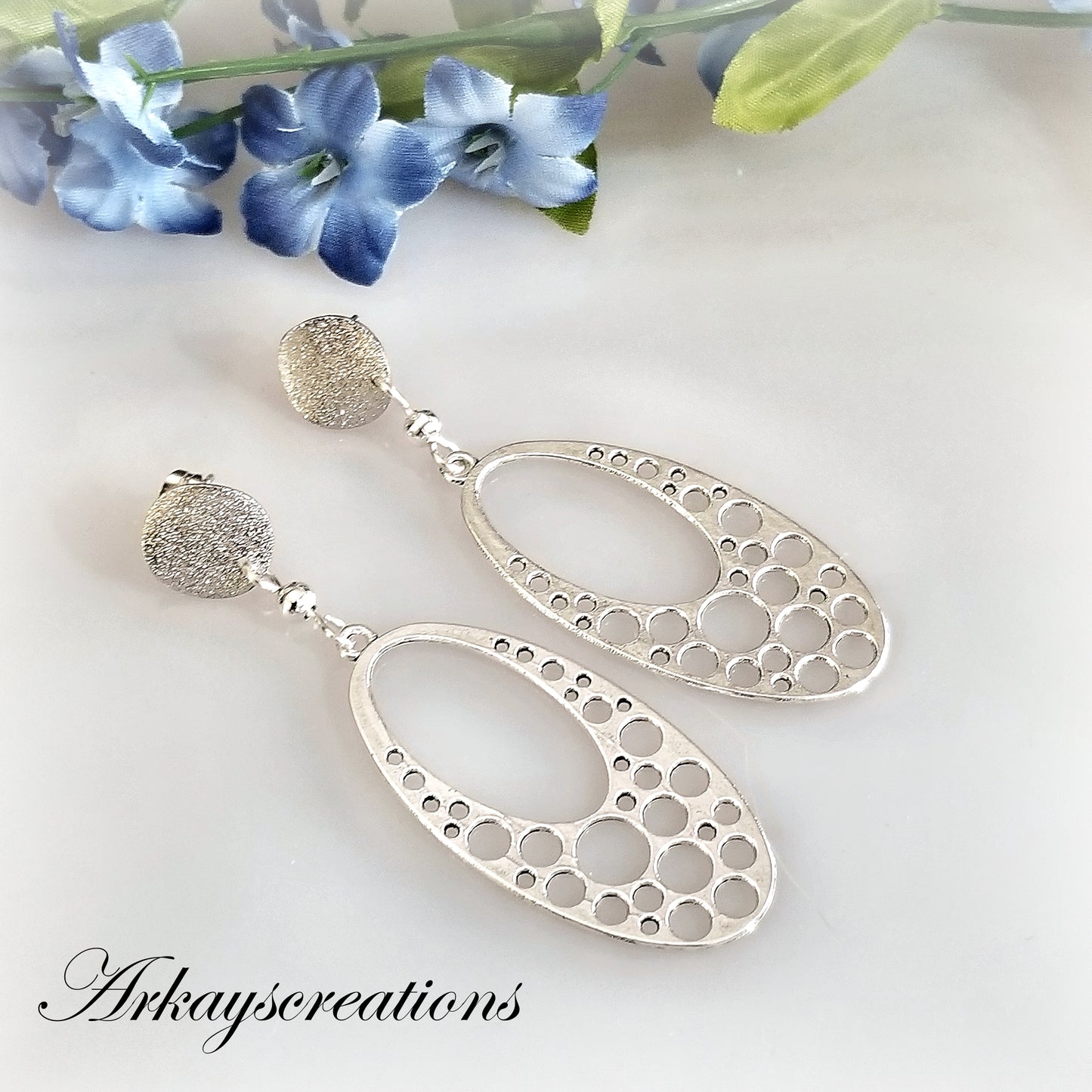 Long Modern Earrings, Silver Oval Earrings, Dangle Post Earrings, Simple Galaxy Jewelry