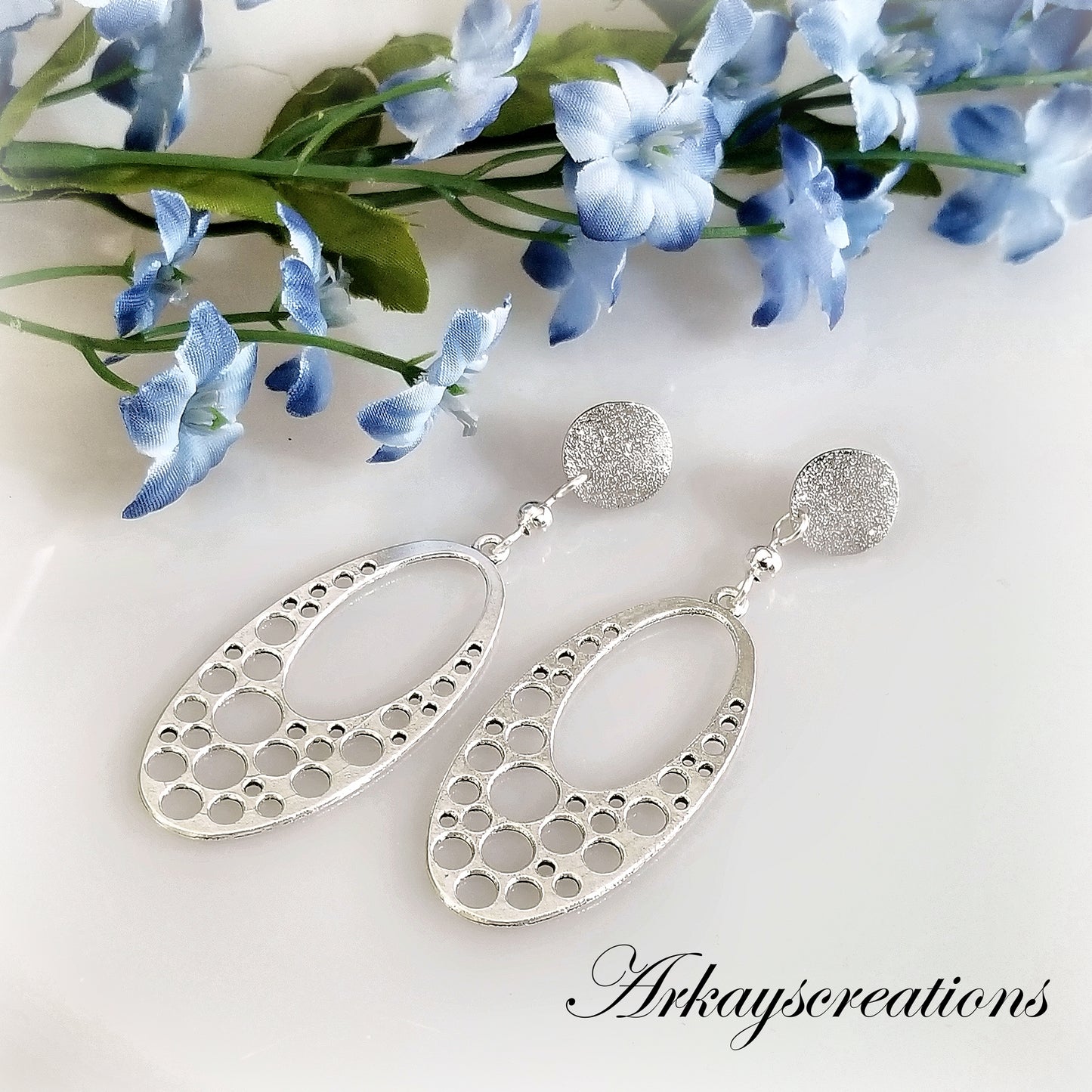 Long Modern Earrings, Silver Oval Earrings, Dangle Post Earrings, Simple Galaxy Jewelry
