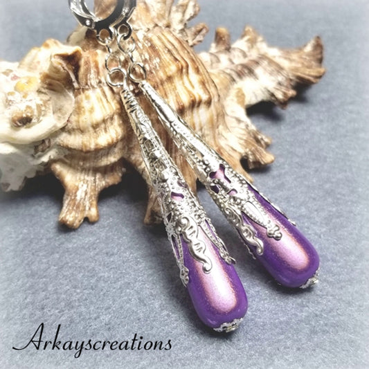 Long Teardrop Earrings, Purple Briolette Earrings