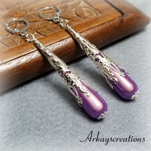 Long Teardrop Earrings, Purple Briolette Earrings