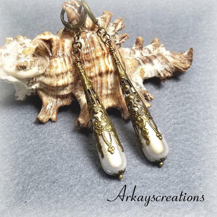 Long Teardrop Earrings, White Bridal Jewelry - Arkayscreations