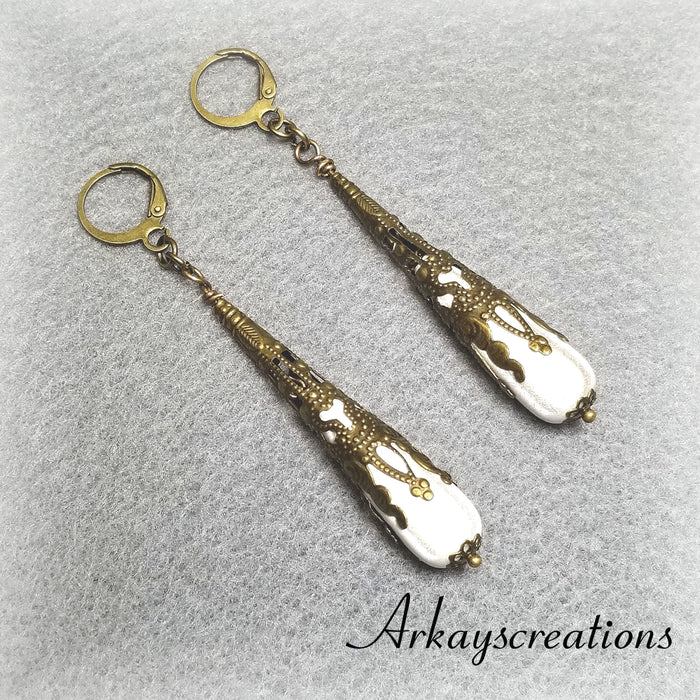 Long Teardrop Earrings, White Bridal Jewelry - Arkayscreations