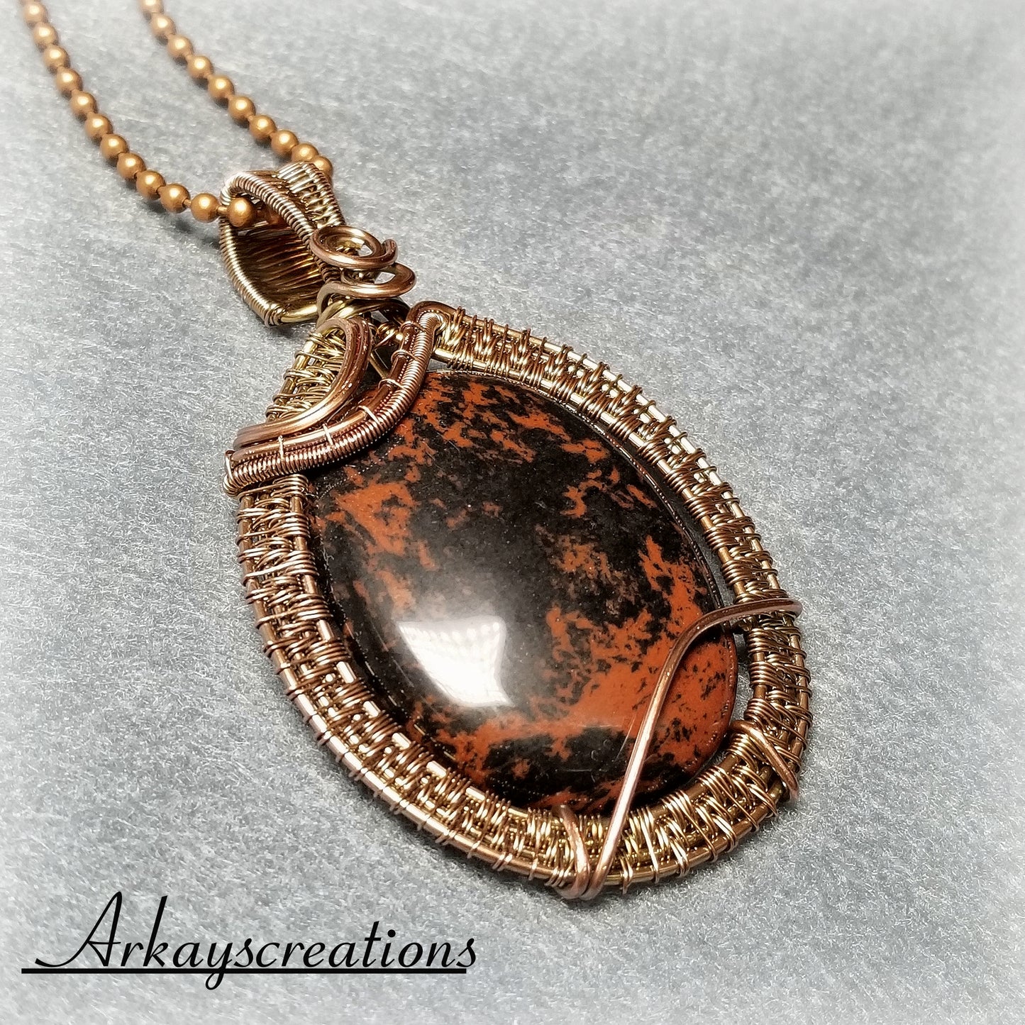 Mahogany Obsidian Pendant Necklace, Wire Weave Jewelry