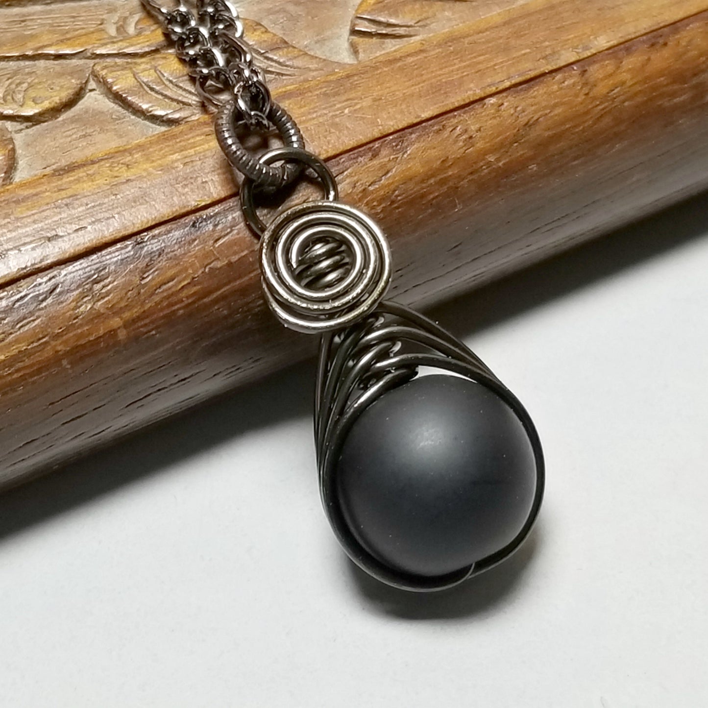 Matt Black Onyx Necklace, Black Wire Herringbone Jewelry