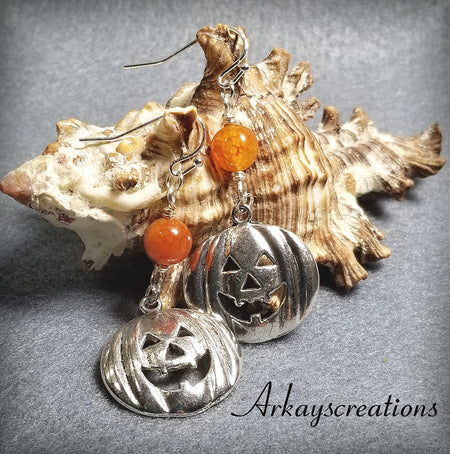 Pumpkin Dangle Earrings, Halloween Jewelry - Arkayscreations