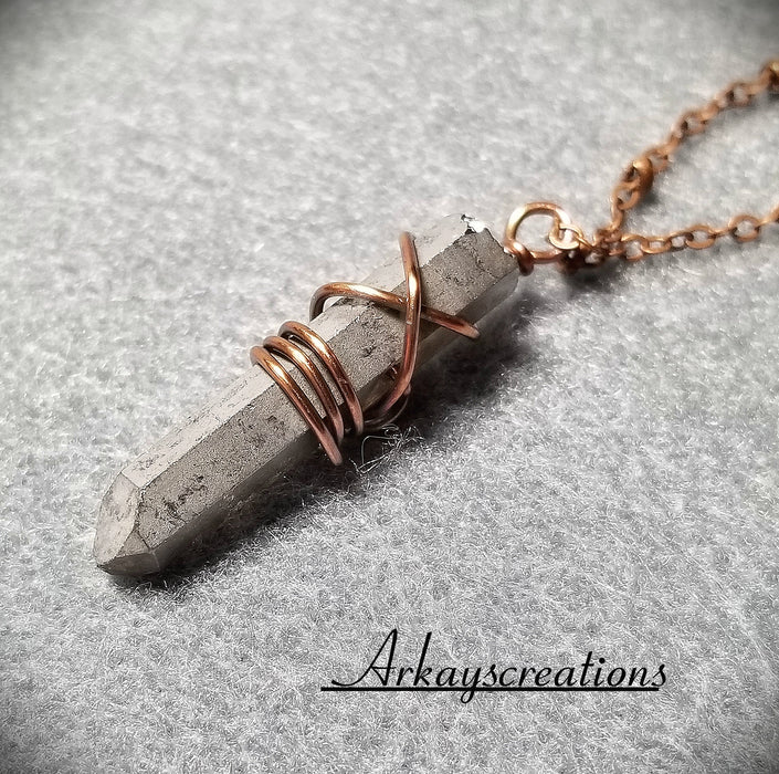 Pyrite Point Necklace, Stone Pendant, Wire Wrapped - Arkayscreations