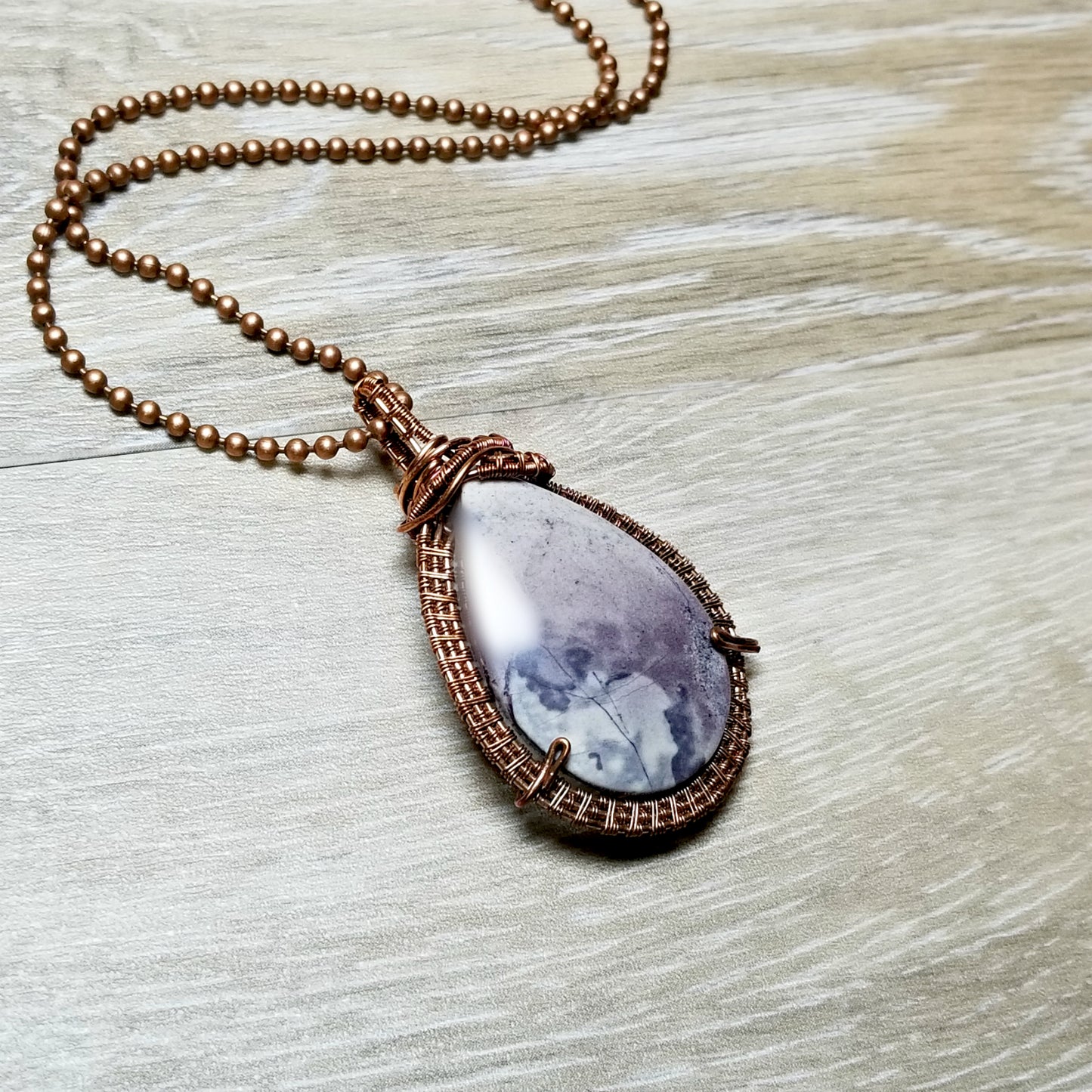Rare Tiffany Stone Pendant Necklace, Wire Weave Copper Jewelry