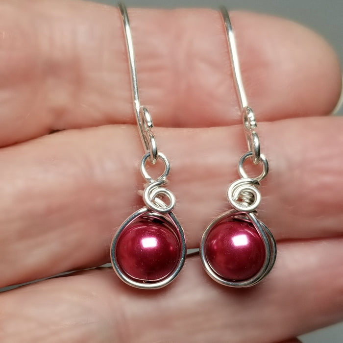 Red Pearl Earrings, Sterling Silver Earrings Dangle, Gift for Her - Arkayscreations