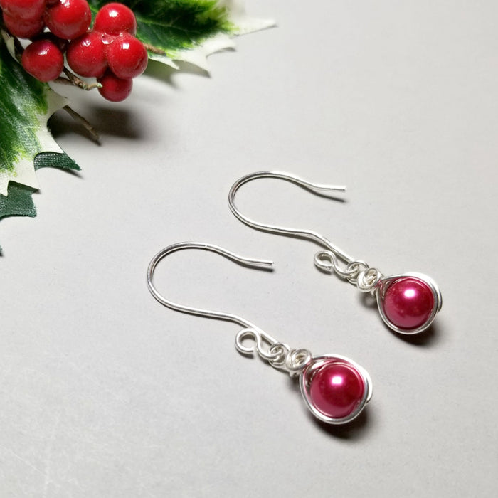 Red Pearl Earrings, Sterling Silver Earrings Dangle, Gift for Her - Arkayscreations