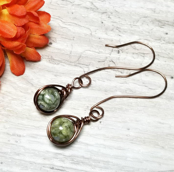 Rhyolite Wire Wrapped Earrings, Herringbone Jewelry - Arkayscreations