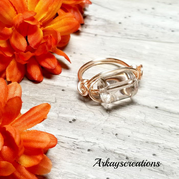 Rose Gold Quartz Ring, Wire Wrapped Jewelry - Arkayscreations