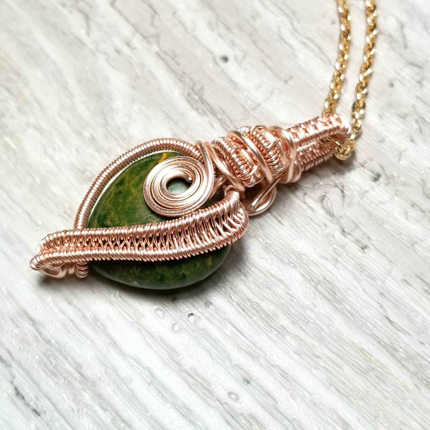 Rose Gold Wire Weave Pendant, Green Unakite Stone Necklace